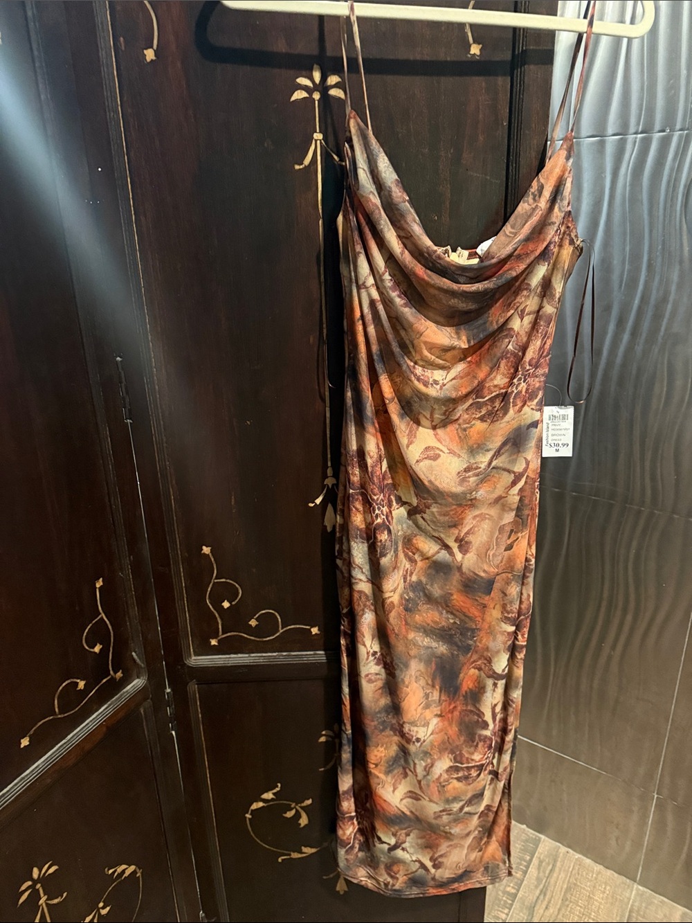 privy Strapless Cowl Maxi Dress in Brown and Rust Marble